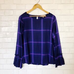 Philosophy Purple Blue Soft Plaid Bell Sleeve Wide Neck Blouse